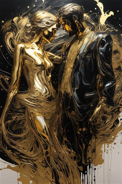 تصویر زن و مرد با لباس‌های طلایی و سیاه روان در زمینه آبستره طلایی و سیاه