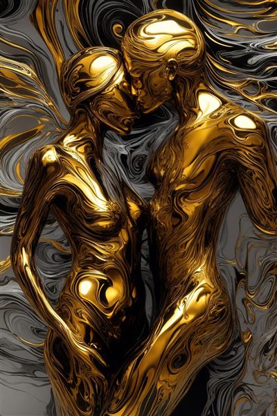 عکس کلوزآپ زوج طلایی در آغوش با جریان‌های آبستره نقره‌ای و طلایی