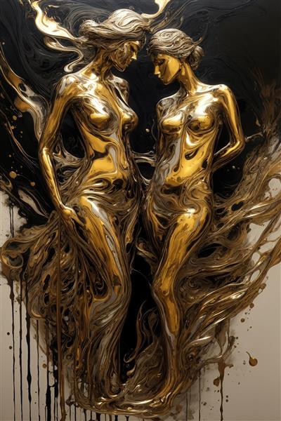 تصویر دو زن مجسمه‌ای طلایی با موهای روان و پس‌زمینه سیاه و سفید