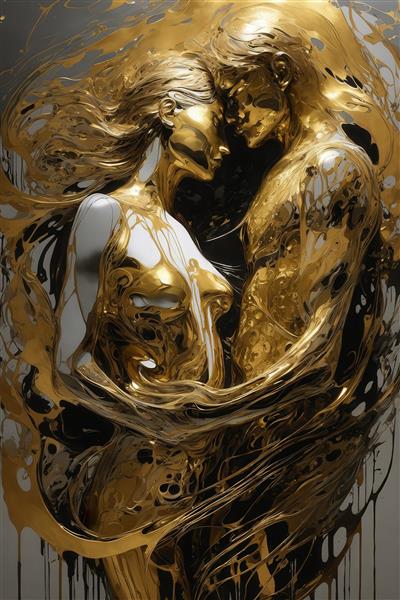 طرح مجسمه‌ای زوج در آغوش با جریان‌های طلایی و سفید آبستره