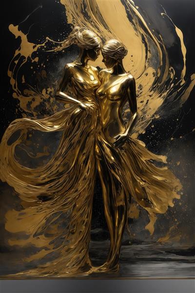 تصویر دو زن طلایی در آغوش با پیراهن‌های آبستره و پس‌زمینه سیاه