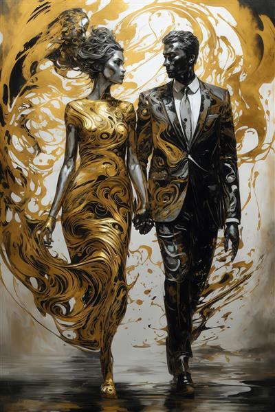 عکس زوج در حال قدم زدن با لباس‌های طلایی و سیاه آبستره در زمینه روشن