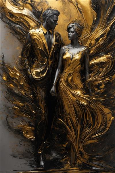 طرح زوج با لباس رسمی طلایی و سیاه در میان جریان‌های آبستره قوی