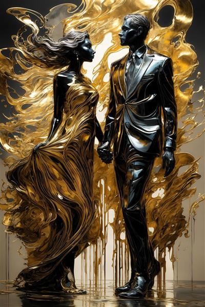 تصویر زوج با بدن‌های سیاه براق و لباس زن طلایی در زمینه آبستره طلایی