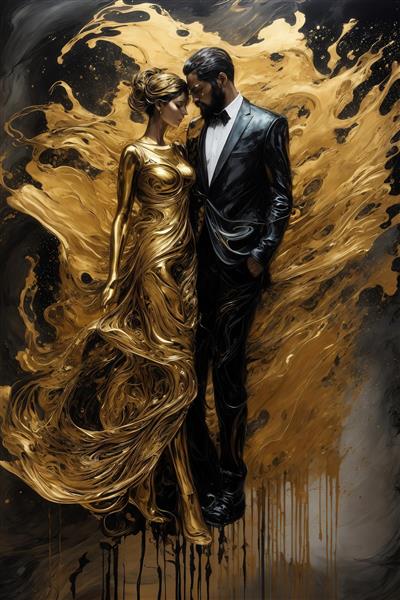 عکس زن با پیراهن طلایی آبستره و مرد کت‌وشلوارپوش در حال ایستادن