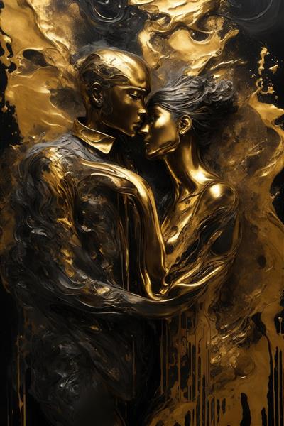 تصویر زوج مجسمه‌گونه در آغوش با مایع طلایی و سیاه آبستره