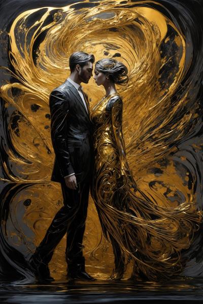 عکس زوج در آغوش با لباس‌های رسمی و جریان‌های طلایی دایره‌ای در پشت