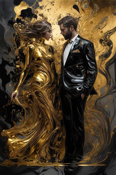 طرح زوج مرد کت‌وشلوارپوش و زن با پیراهن طلایی روان در زمینه آبستره