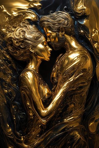 عکس زن و مرد طلایی در آغوش، با حس مجسمه‌ای و جریان‌های تیره و روشن