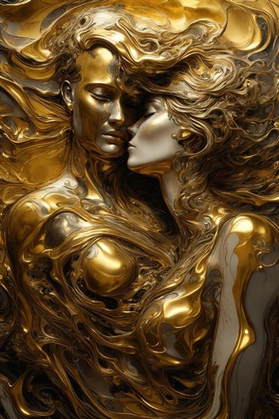 طرح کلوزآپ زن و مرد با موهای روان طلایی و جریان‌های رنگ آبستره