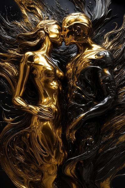 عکس بوسه زوج با بدن‌های طلایی و سیاه مجسمه‌وار در جریان‌های انتزاعی