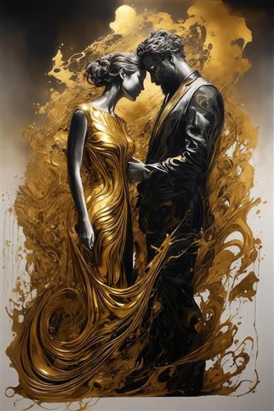 تصویر زوج رسمی با لباس طلایی و سیاه در میان قطرات و جریان‌های آبستره