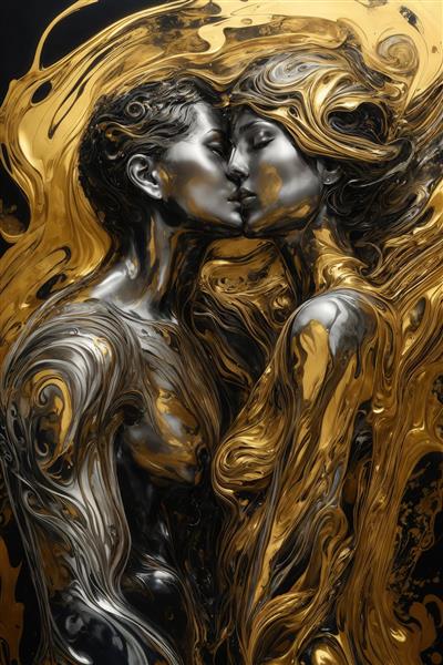 عکس بوسه زوج با جریان‌های طلایی و نقره‌ای در سبک آبستره