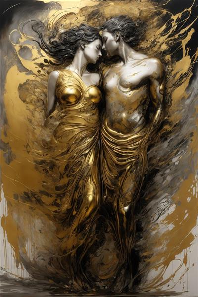 عکس زوج طلایی و سیاه در آغوش با جریان‌های آبستره نقره‌ای و طلایی