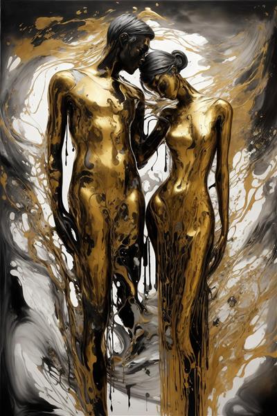 طرح مجسمه‌ای زوج عاشق با رنگ‌های طلایی و سیاه در پس‌زمینه آبستره