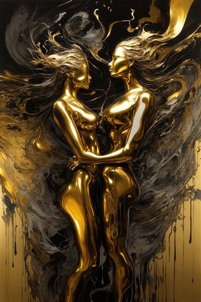 تصویر مجسمه‌ای دو زن طلایی در آغوش با موهای روان و پس‌زمینه آبستره