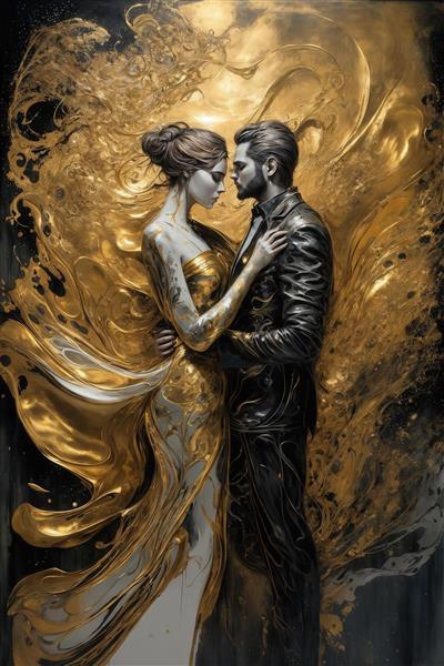 طرح زوج با لباس‌های رسمی و طلایی در زمینه آبستره طلایی برای پوستر