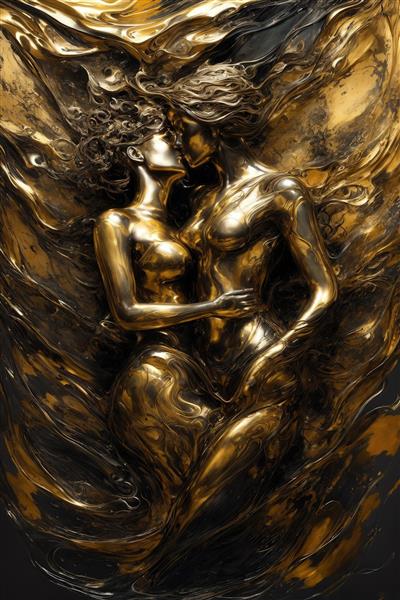 عکس انتزاعی بوسه زوج طلایی و سیاه در میان موها و جریان‌های آبستره