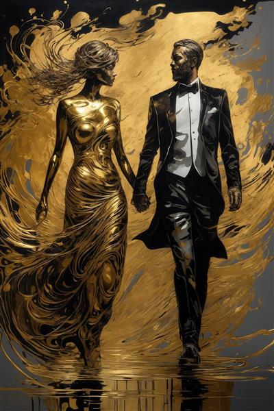 تصویر زوج زن طلایی و مرد کت‌وشلوارپوش لوکس در حال حرکت