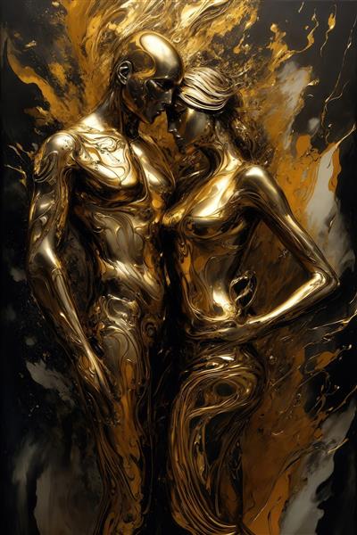 عکس زوج مرد و زن مجسمه‌گونه در آغوش با جریان‌های طلایی و سیاه