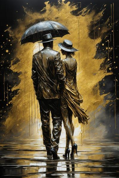 طرح زوج زیر چتر در پس‌زمینه آبستره طلایی و مشکی برای تابلو لوکس