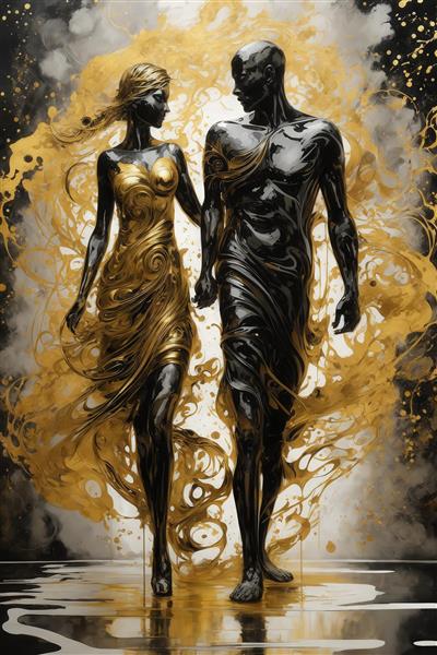 تصویر زوج زن و مرد با پوست مشکی و طلایی در حال راه رفتن