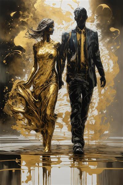 عکس زوج مرد کت‌وشلوارپوش و زن طلایی در زمینه آبستره طلایی و سفید