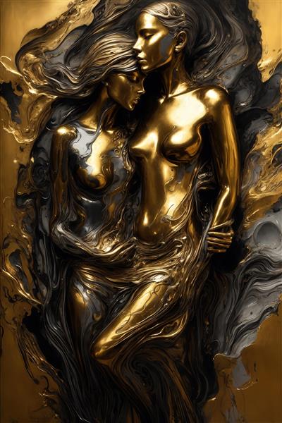 طرح مجسمه‌گونه دو زن طلایی در آغوش برای تابلوی دکوراتیو لوکس