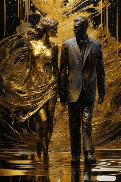 طرح لوکس مرد کت و شلوارپوش سیاه و زن طلایی برای دکوراسیون