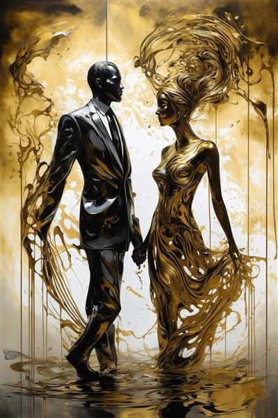 طرح لوکس مرد کت و شلوارپوش سیاه و زن طلایی برای دکوراسیون کلاسیک