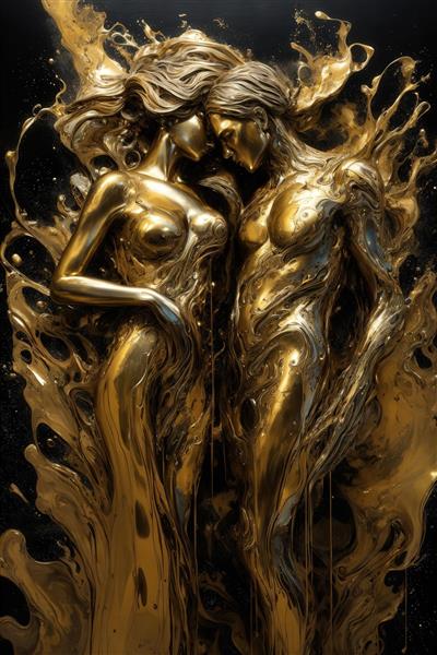 عکس انتزاعی دو زن طلایی در آغوش هم برای تابلوی دکوراتیو عاشقانه