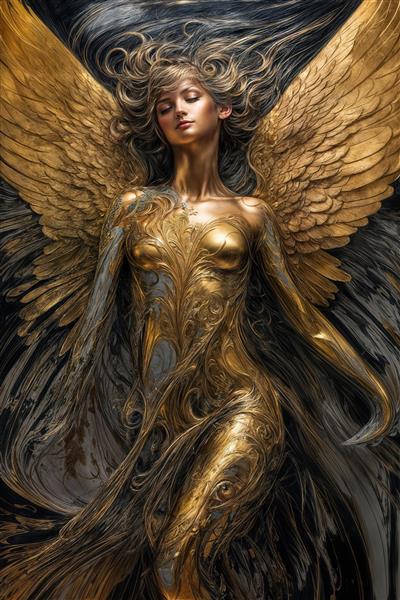 طرح فرشته زن لوکس با بال‌های طلایی بزرگ و پوشش پَر انتزاعی