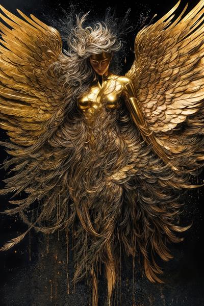 طرح فرشته زن با بال‌های طلایی و خاکستری برای تابلو مدرن لوکس