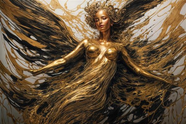 عکس زن طلایی با موهای درهم‌تنیده انتزاعی برای تابلو لوکس تیره