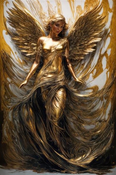 تصویر فرشته زن با بال‌های طلایی و لباس بلند برای چاپ روی پرده