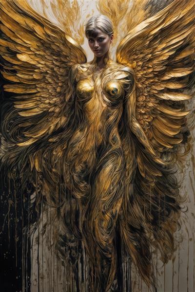 عکس فرشته زن دکوراتیو با بال‌های پهن طلایی برای تابلو بزرگ