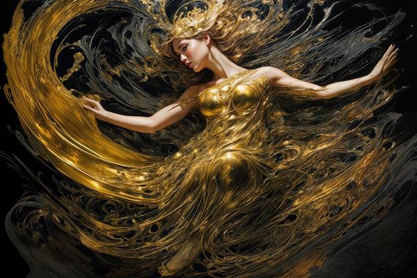 عکس زن طلایی با لباس آبستره روان برای پرده یا روتختی تیره