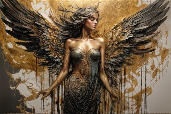 طرح فرشته زن دکوراتیو با بال‌های طلایی تیره برای پوستر مدرن