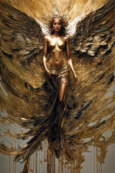 طرح فرشته زن لوکس با بال طلایی و لباس پروازی برای چاپ پوستر