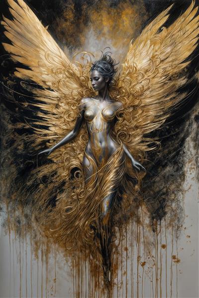 عکس انتزاعی فرشته زن با بال طلایی برای تابلو دکوراتیو مدرن