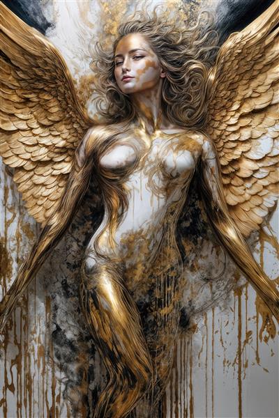 تصویر فرشته زن با بدن طلایی و بال‌های اکسپرسیو برای تابلو مدرن
