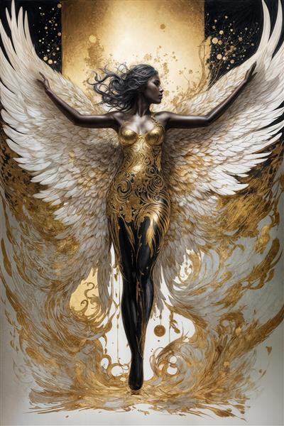 عکس فرشته زن لوکس با بال‌های سفید و طلایی برای پرده چاپی