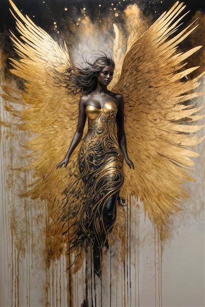 طرح دکوراتیو فرشته زن با بال‌های طلایی و مشکی برای تابلو مدرن