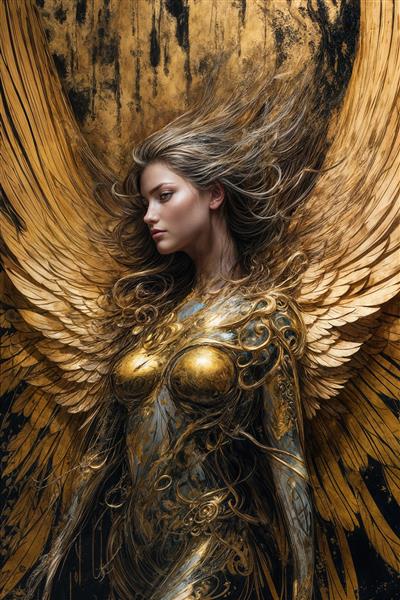 تابلوی دکوراتیو پرتره فرشته با زره طلایی و بال‌های بزرگ برای اتاق خواب