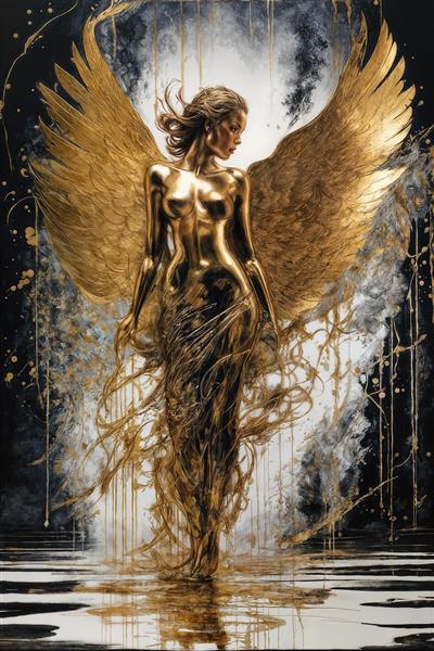 طرح سه‌بعدی فرشته بالدار طلایی با انعکاس نور و بافت مجسمه روی آب