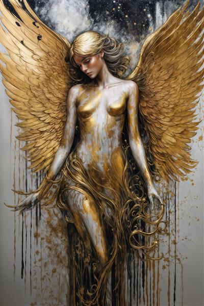 کاغذ دیواری اتاق نشیمن فرشته سفید طلایی با بال‌های پهن و پرپشت