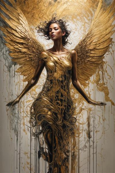 تابلوی فرشته مجسمه‌ای با بال‌های مشکی طلایی و بافت برجسته برای پذیرایی