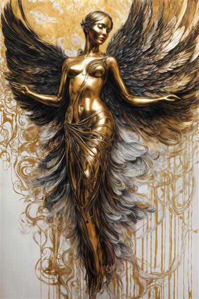 پوستر فرشته الهه در حال پرواز با بافت طلایی و بال‌های بزرگ دکوراتیو