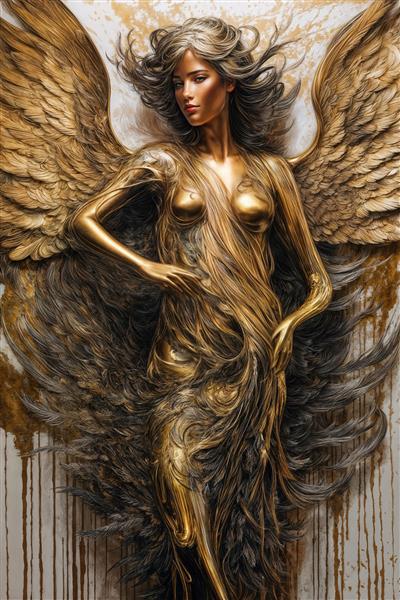 طرح دکوراتیو فرشته مجسمه‌ای با لباس طلایی و بال‌های پرپشت روی زمینه روشن