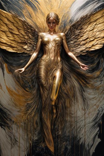 پوستر فرشته الهه با موهای طلایی در حال وزش و بال‌های بزرگ دکوراتیو